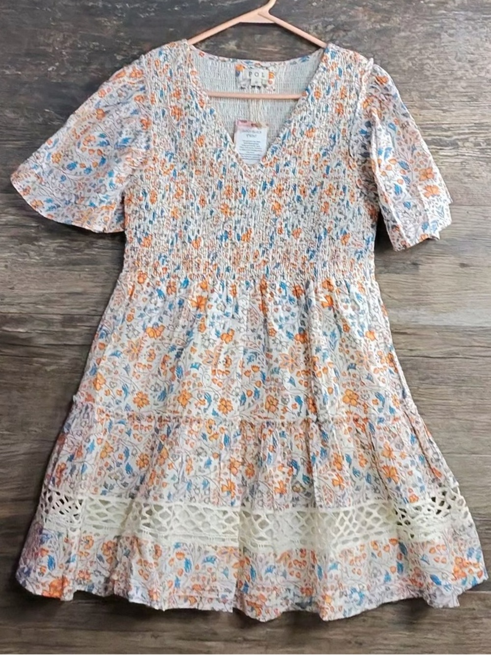 POL Floral Smocked Casual Dress - Cream, Orange & Blue